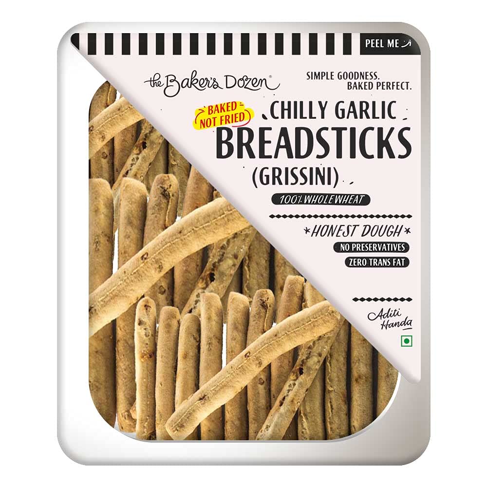 The Baker's Dozen Chilli Garlic Grissini Breadsticks - 100% Wholewheat, 100 g