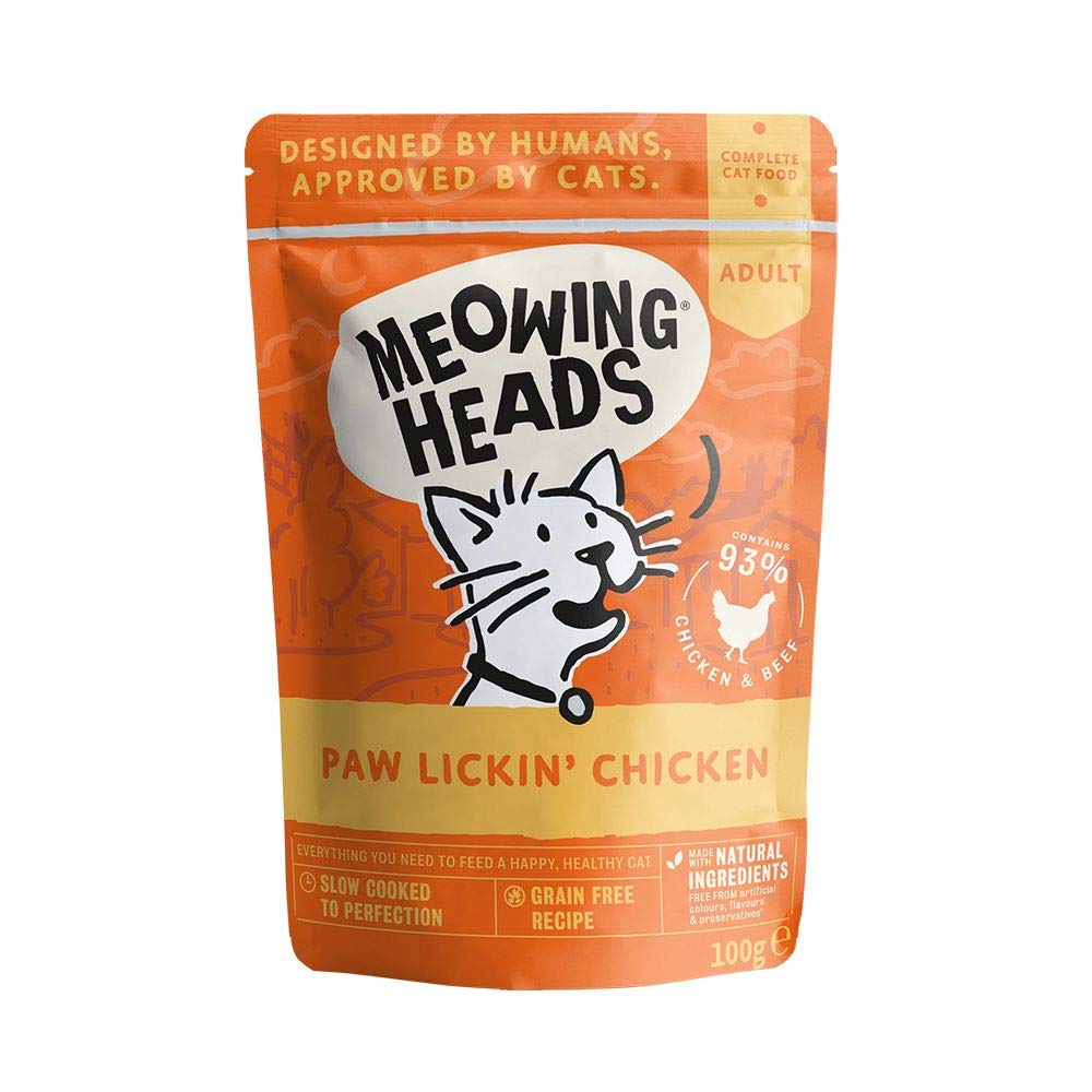 Meowing Heads Wet Cat Food - Paw Lickin' Chicken - 93% Natural Chicken Pouches with No Artificial Flavours, Grain-Free Recipe (10 x 100 g)