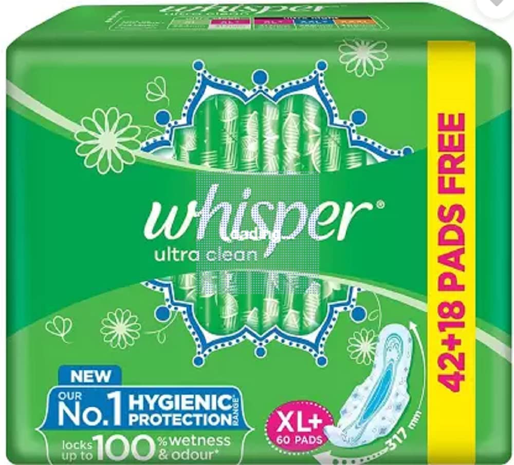 Whisper Ultra Clean Sanitary Pads for Women, XL+ ( 60+60 Pieces) ) Sanitary Pad