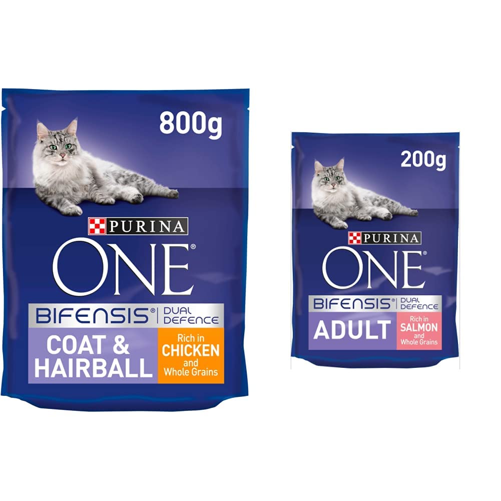 Purina One Coat And Hairball Adult Dry Cat Food Rich In Chicken And Whole Grains, 800 grams & Adult Cat Salmon and Whole Grains, 200 gm