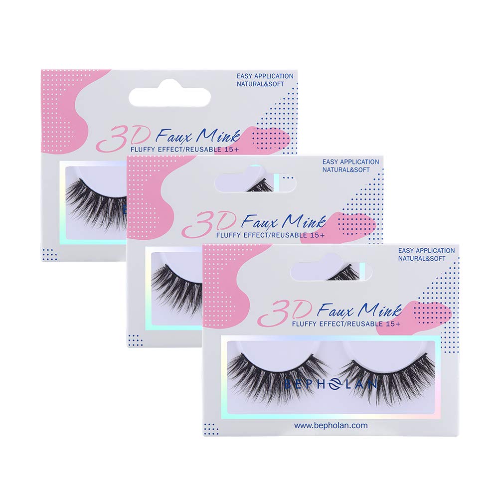 BEPHOLAN 3 Pairs False Eyelashes Synthetic Fiber Material| 3D Faux Mink Lashes| Natural Round Look| Reusable| 100…