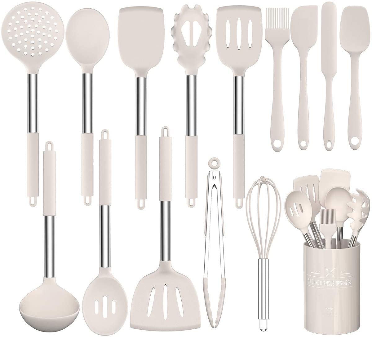 Umite Chef Kitchen Utensil Set, 15pcs Silicone Cooking Kitchen Utensils Set, Cooking Tools Turner Tongs Spatula Spoon for Nonstick Heat Resistant Cookware - (Khaki)