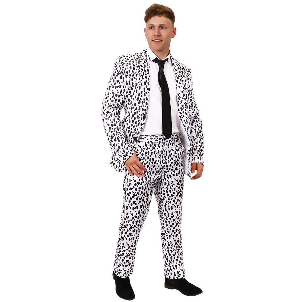 Men's Dalmatian Print Suit Fancy Dress Costume with Black Tie - Size Small - XX-Large