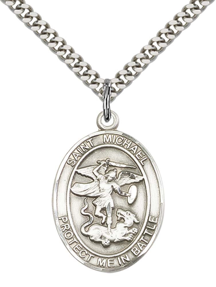 F A Dumont Sterling Silver St. Michael Pendant with 24" Stainless Steel Heavy Curb Chain. Patron Saint of Police Officers/EMTs