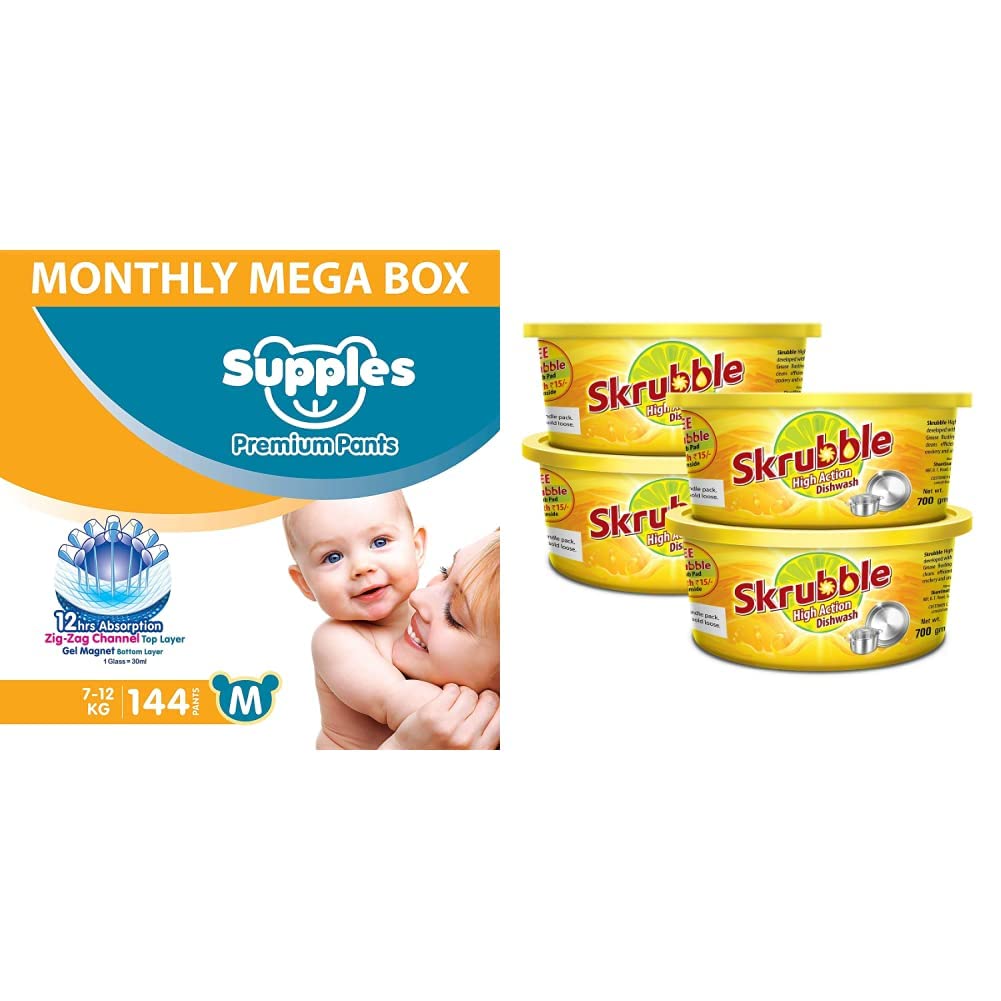 Supples Baby Diaper Pants, Monthly Mega-Box, Medium, 144 Count & Skrubble High Action Dishwasher with Free Scrub Pad, 700g (Pack of 4)