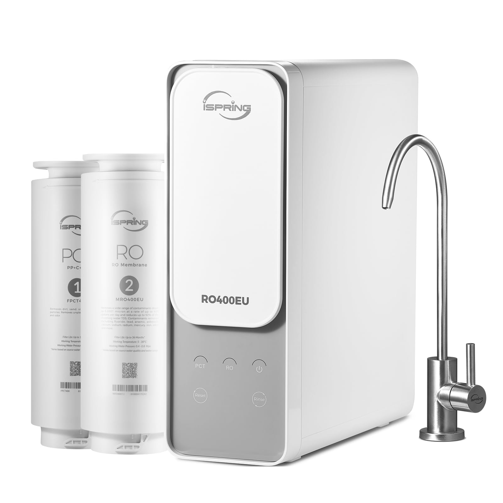 iSpring RO400 Reverse Osmosis System, Tankless Water Filtration System, 400 GPD Fast Flow Under Sink RO System with Brushed Nickel Faucet, 2.5:1 Pure to Drain Ratio, TDS Reduction, White