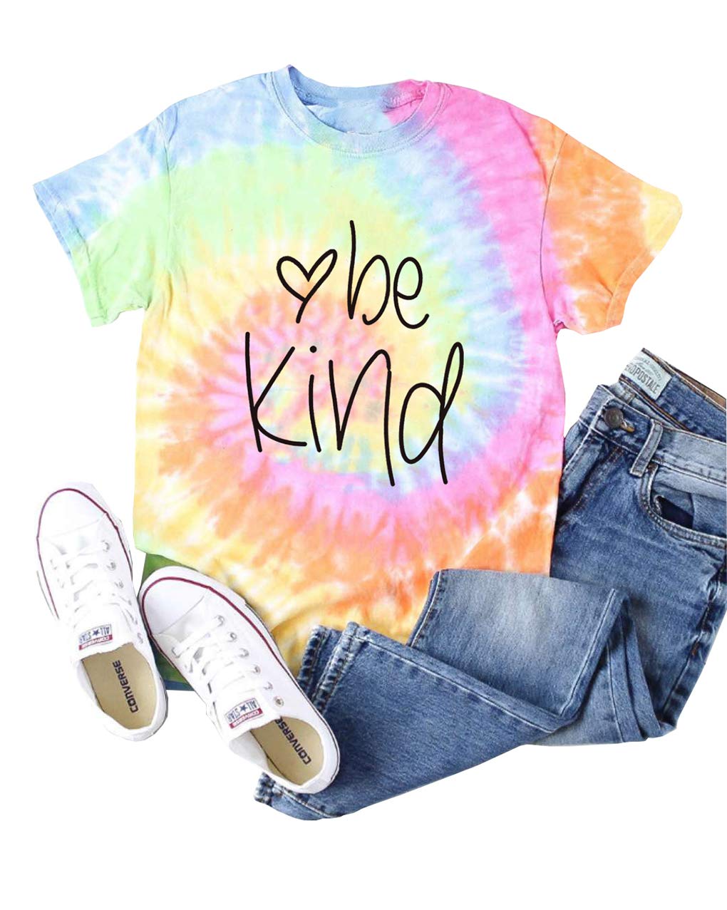 Be Kind Tie Dye T-Shirt for Women Inspirational Graphic Tee Letter Print Casual Short Sleeve Tops