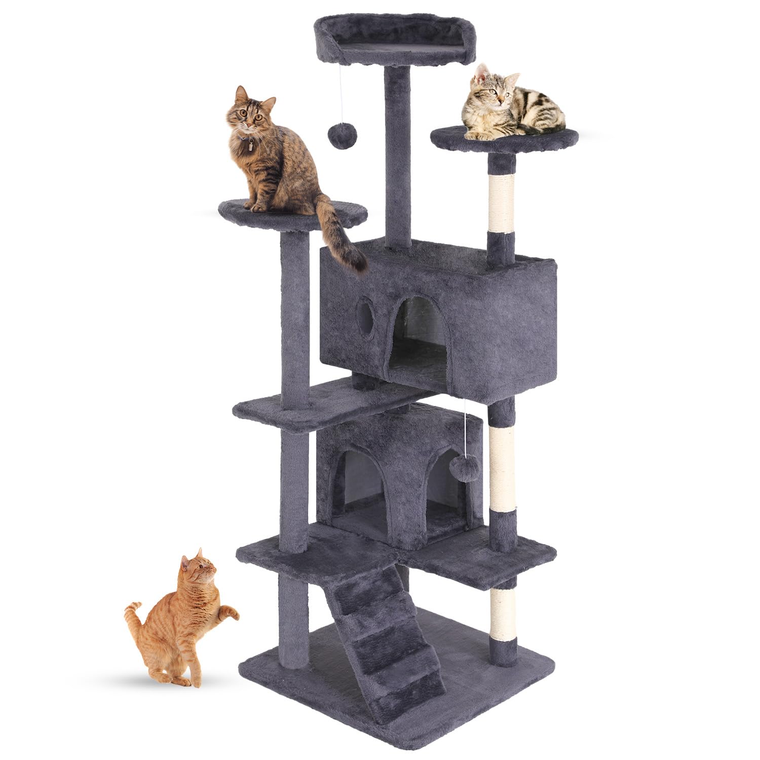 FDW Cat Tree 54in Cat Tower Multi-Level Durable Cat Scratching Post & Cozy Fun Cat Jumping Platform Space Saving Cat Condo Pet Play House for Indoor Cats,Ashy