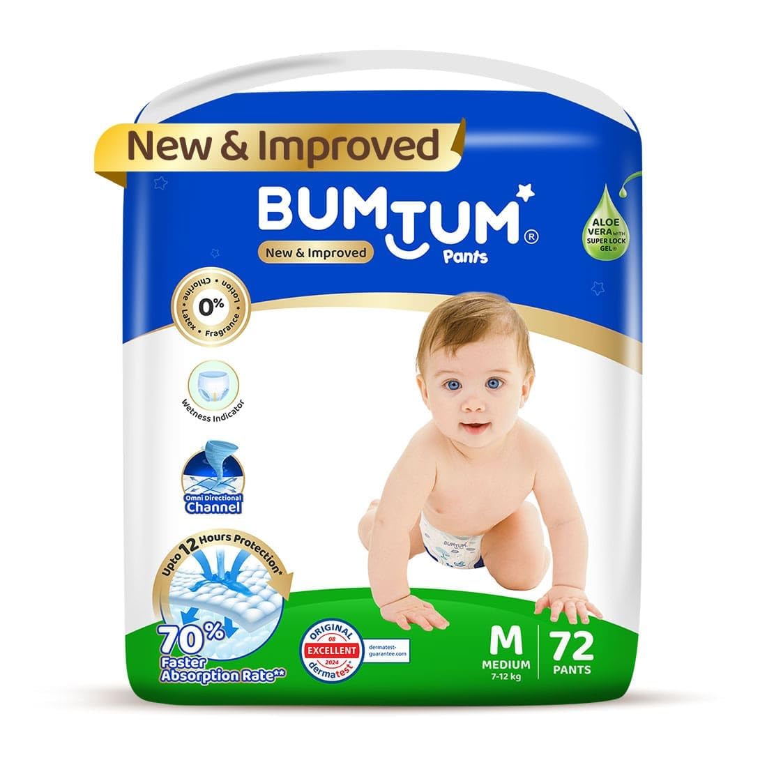 Bumtum Baby Diaper Pants, Medium Size, 72 Count, Double Layer Leakage Protection Infused With Aloe Vera, Cottony Soft High Absorb Technology (Pack of 1)