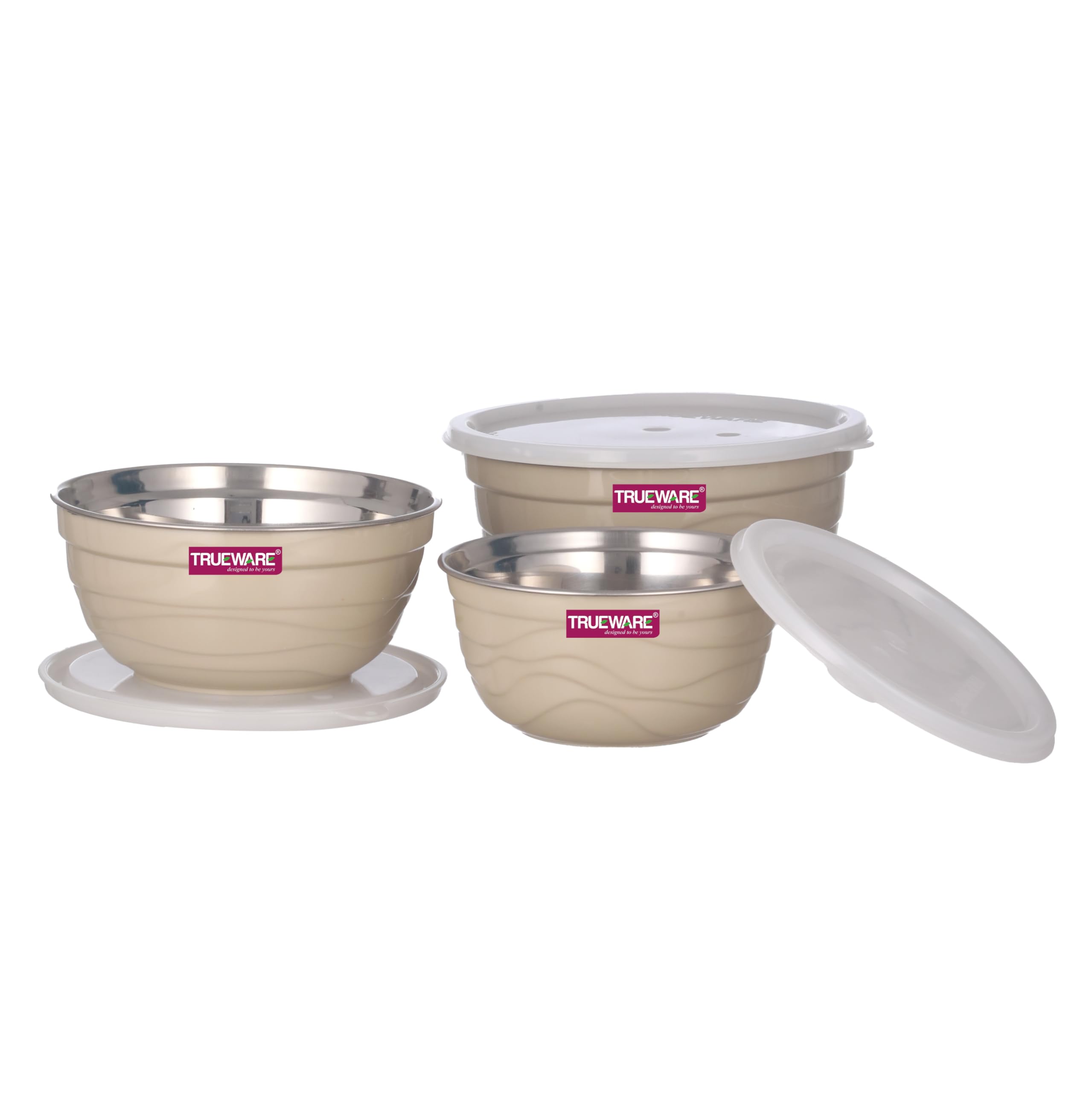 TruewareOliver Storage Containers, Microwave Safe & BPA Free, Stainless Steel, Store & Serve, 3 Containers (1000ml, 1400ml, 2200ml) - Cream (Beige)