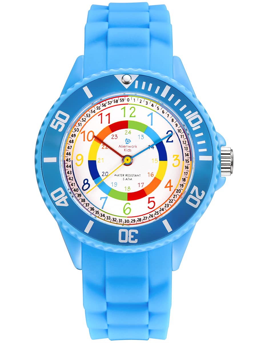 AlienworkKids Learning Wrist Watch Clock Children's Watch Boys Girls Light Blue Silicone Strap Multicoloured Children's Watch Waterproof 5 ATM Time Learning