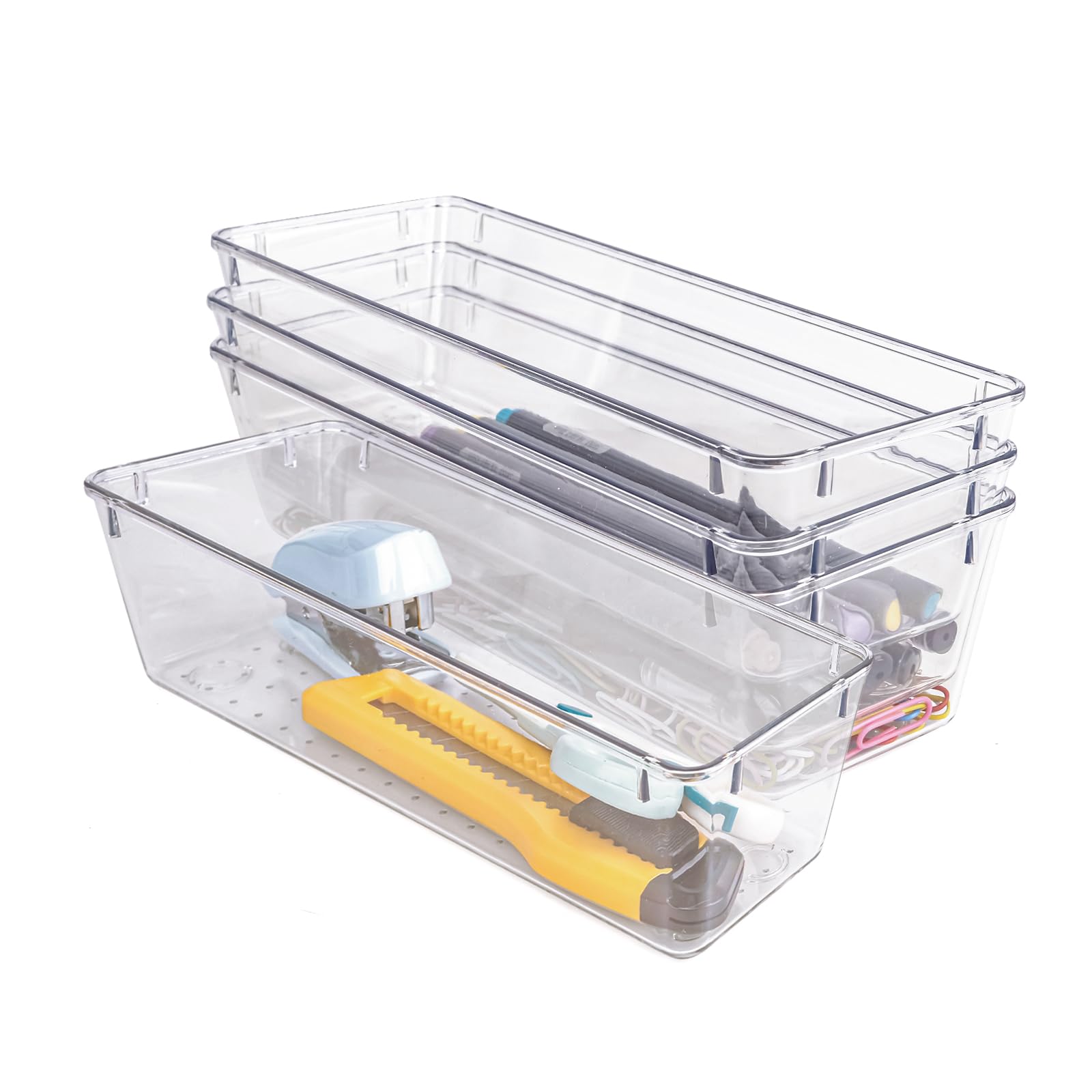 Zuihug4 PCS Clear Plastic Drawer Organizer, Desk Drawer Divider Organizers and Storage Bins for Makeup, Jewelry, Gadgets for Kitchen, Bedroom, Bathroom, Office (9.0"x3.0"x2.2")