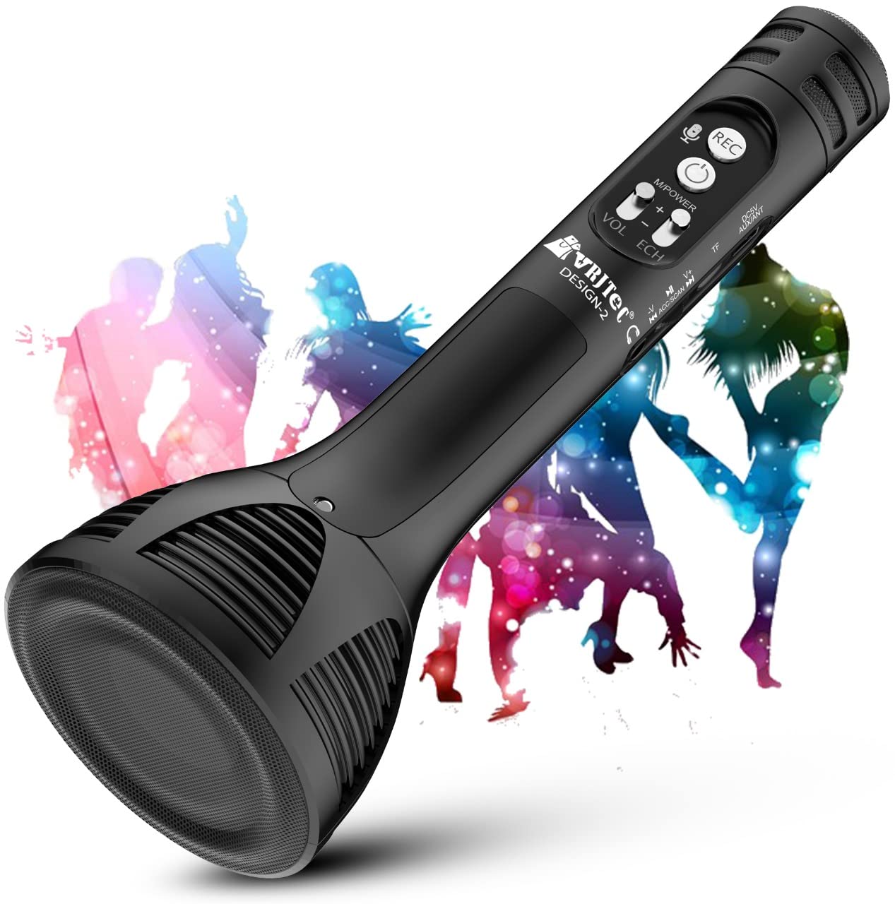 VRJTEC Design 2 Advance Handheld Wireless Singing Mike Multi-Function Bluetooth Karaoke Mic with Microphone Speaker with Recording + USB+FM + Selfie Features & Many More - (Black)