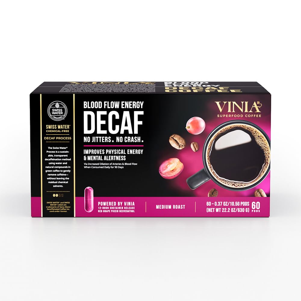 VINIA Blood Flow Energy Coffee DECAF - Medium Roast Superfood Coffee Pods, Swiss Water Process Powered by Red Grape Piceid Resveratrol. Keurig K-Cup Compatible Coffee Pods, Caffeine Free, 60 Ct