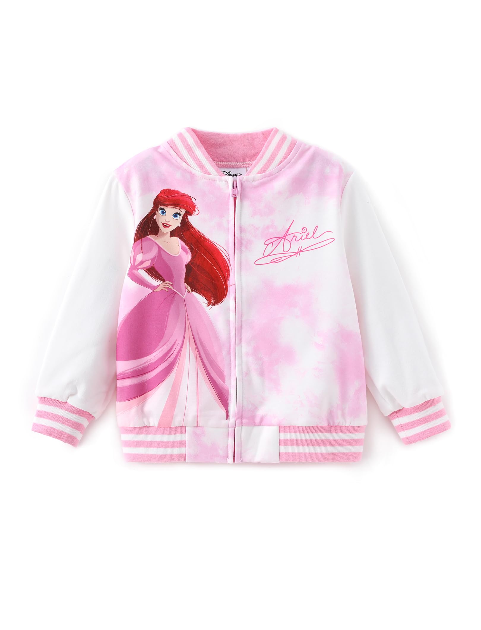 DisneyFrozen Elsa Princess Moana Ariel Rapunzel Toddler Girl Varsity Bomber Jacket Lightweight Zip-up Sweatshirt 2-6T