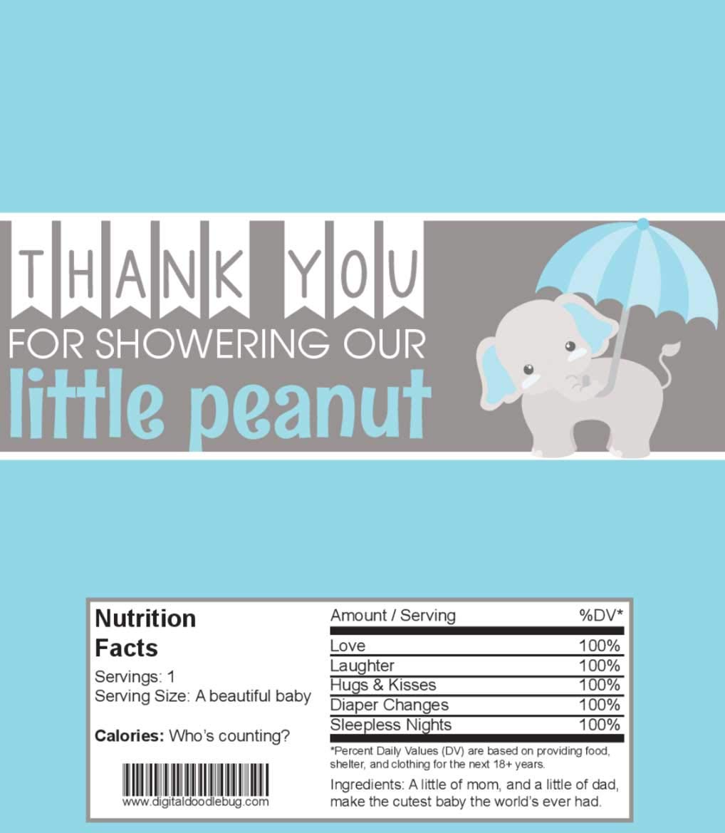 Digitaldoodlebug 25 Candy Bar Wrappers Boy Baby Shower Favors (Blue Elephant, NO foil or tape)