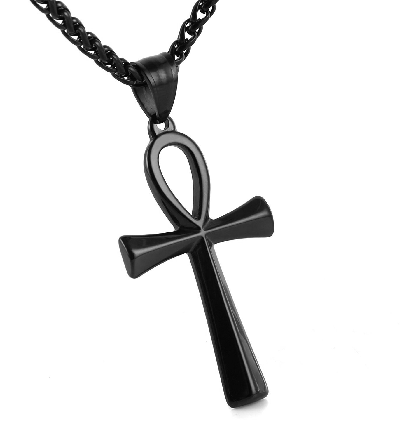 HZMANMen's Stainless Steel Coptic Ankh Cross Religious Pendant Necklace, 22+2" Rope Chain