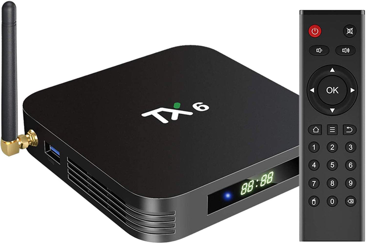 TV Box, RUQIWEMI TX6 Android 9.0 TV Box, 4GB DDR3 32GB EMMC Dual WiFi 2.4G+5G Bluetooth Quad Core 3D 4K Ultra HD H.265 USB3.0 Android TV Box, WiFi/LAN/Bluetooth/KODi (4G+32G)