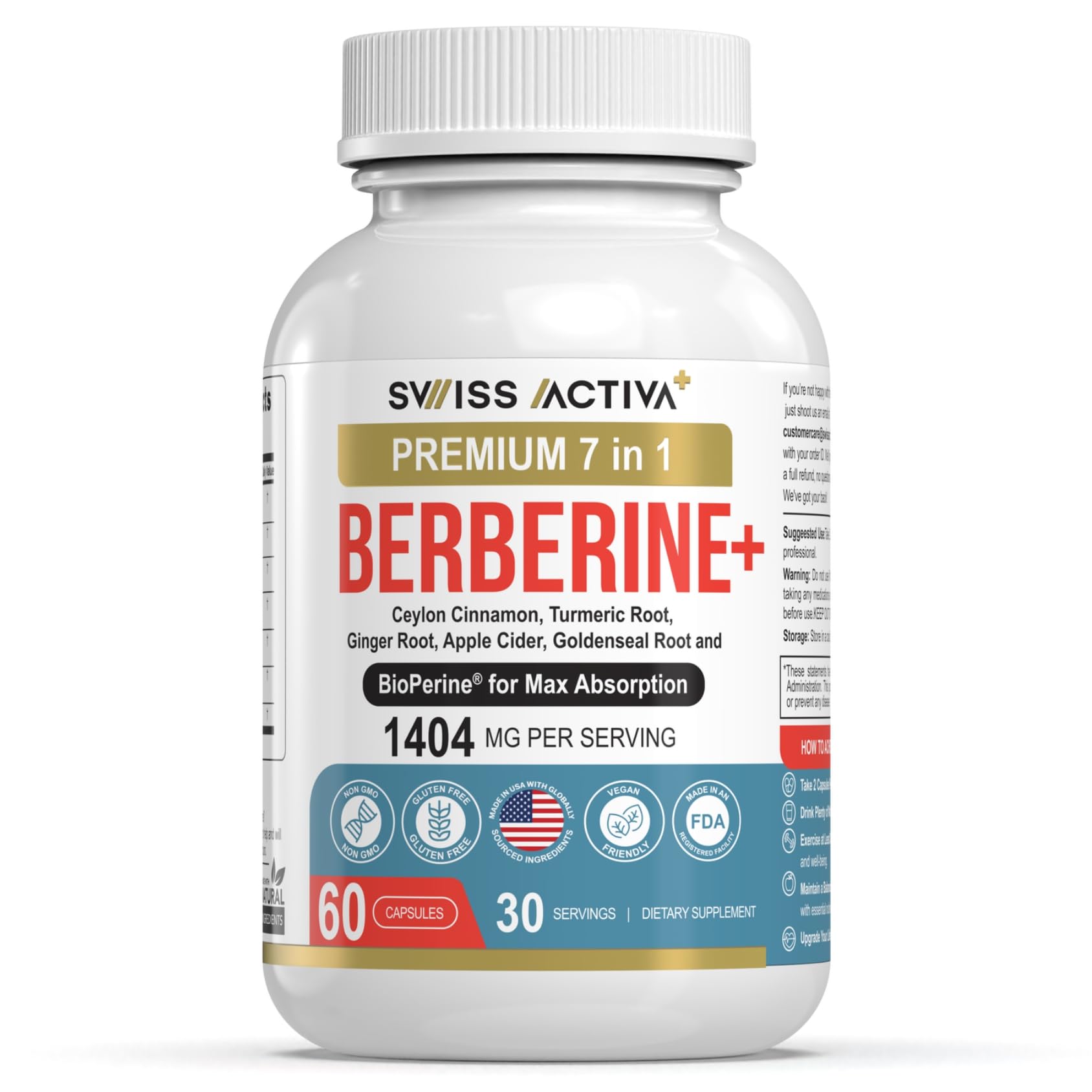 Swiss Activa+7-in-1 Organic Berberine Capsules with Bioperine – 1025mg Supplement for Metabolic Health & Digestive Support