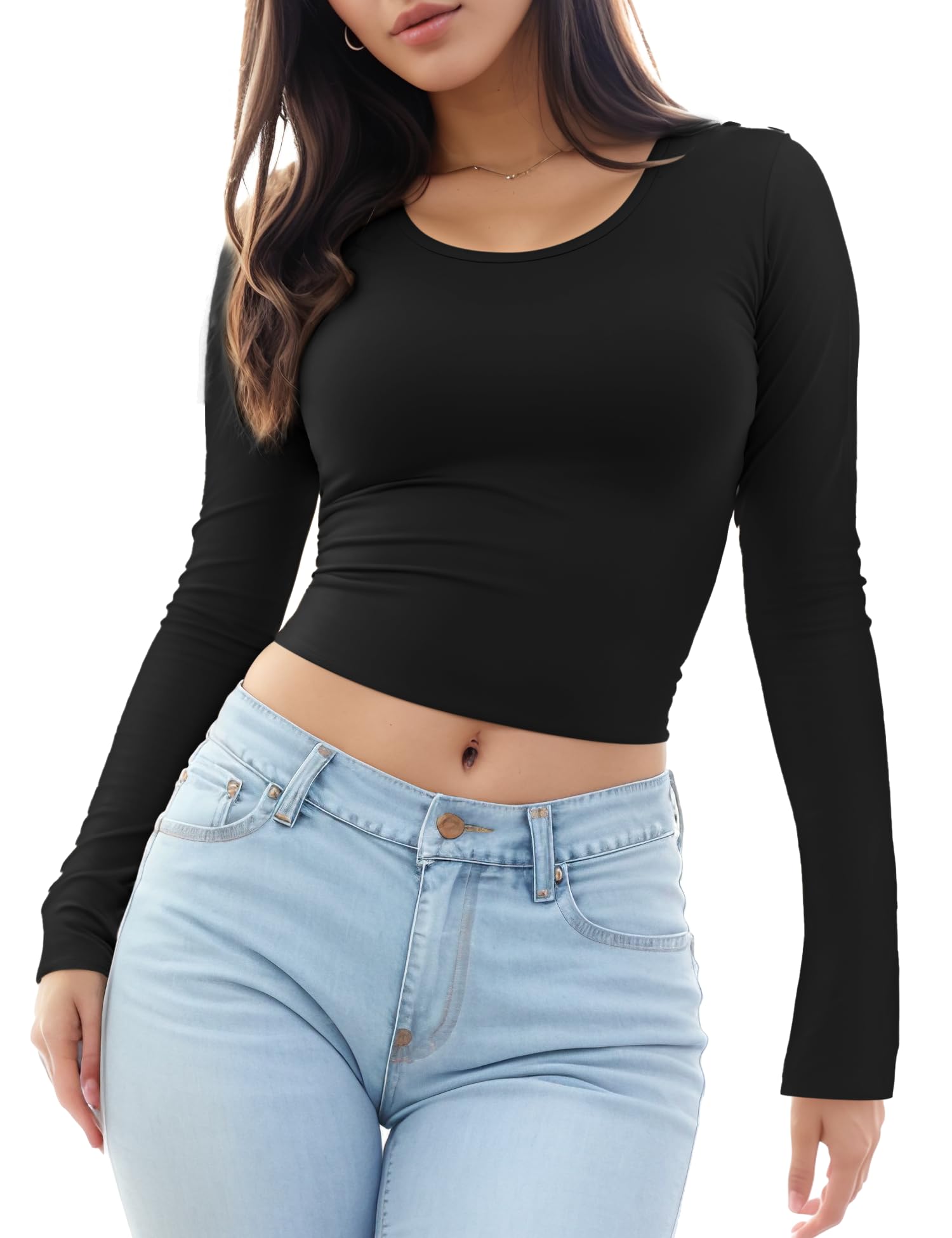 YOGINGOWomens Long Sleeve Crop Top Scoop Neck Sexy Slim Fitted Casual Base Layer Lightweight Soft Workout Shirt Going Out Tops