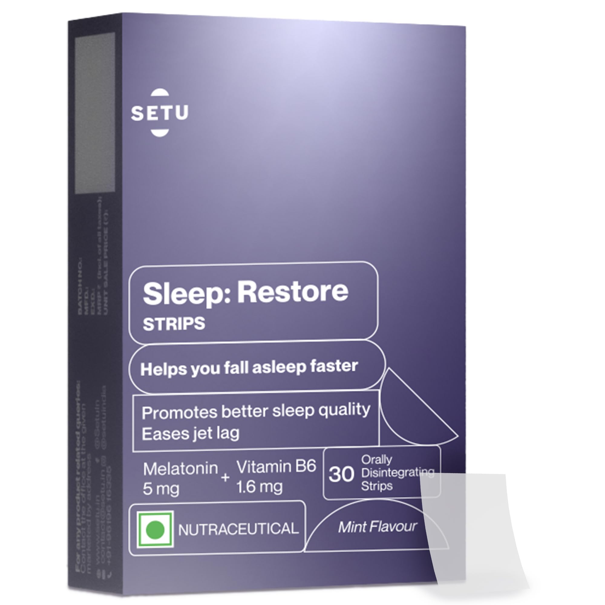 Setu Sleep Restore Melatonin 5mg - 30 Orally Dissolving Strips (Pack of 1) | Plant Based 5 mg Melatonin | Promotes Relaxation & Sleep, Eases Jet Lag Strain, Non-Habit Forming | Tasty Mint Flavor