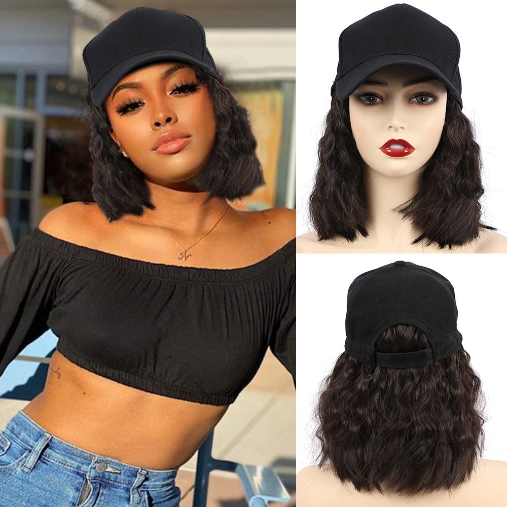 Hat Wig for Women, Short Wave Baseball Cap Wig with Curly Synthetic Hair Extensions, Adjustable Brown Black Baseball Hat Wig