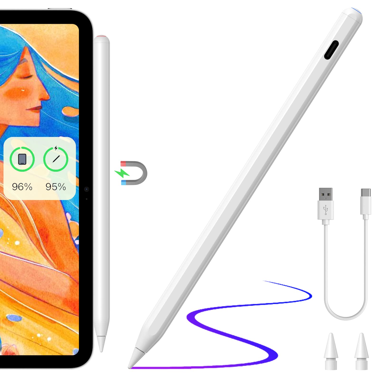 Stylus Pen for iPad with Wireless Charging - Zspeed iPad Pencil Almost as Apple Pencil 2nd Generation Compatible with iPad Air 5/4, iPad Mini 6, iPad Pro 11" 3/2/1, iPad Pro 12.9" 6/5/4/3 (White)