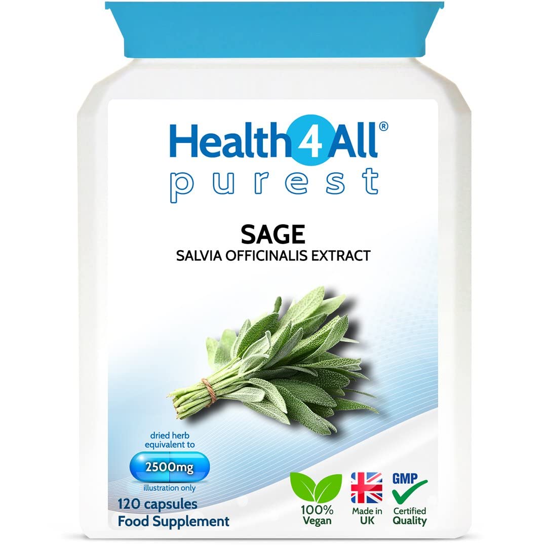 Health4AllSage Strong 2500mg 120 Capsules (V). Sage Leaf Extract for Hot Flushes, Night Sweats and Menopause Symptoms. Vegan Sage Supplement