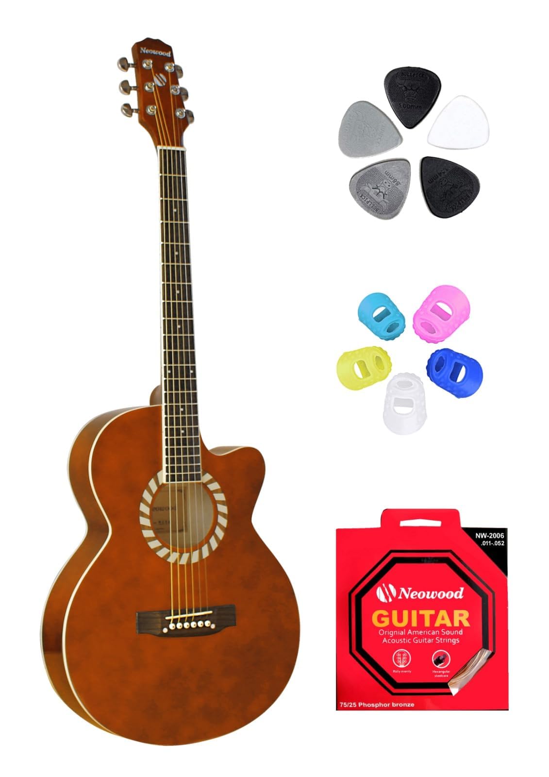 Neowood FLYMG, Acoustic Guitar with Touch Pickup, Bag, Plectrums, finger Protectors & Neowood String Set Glossy Finish (Coffee)