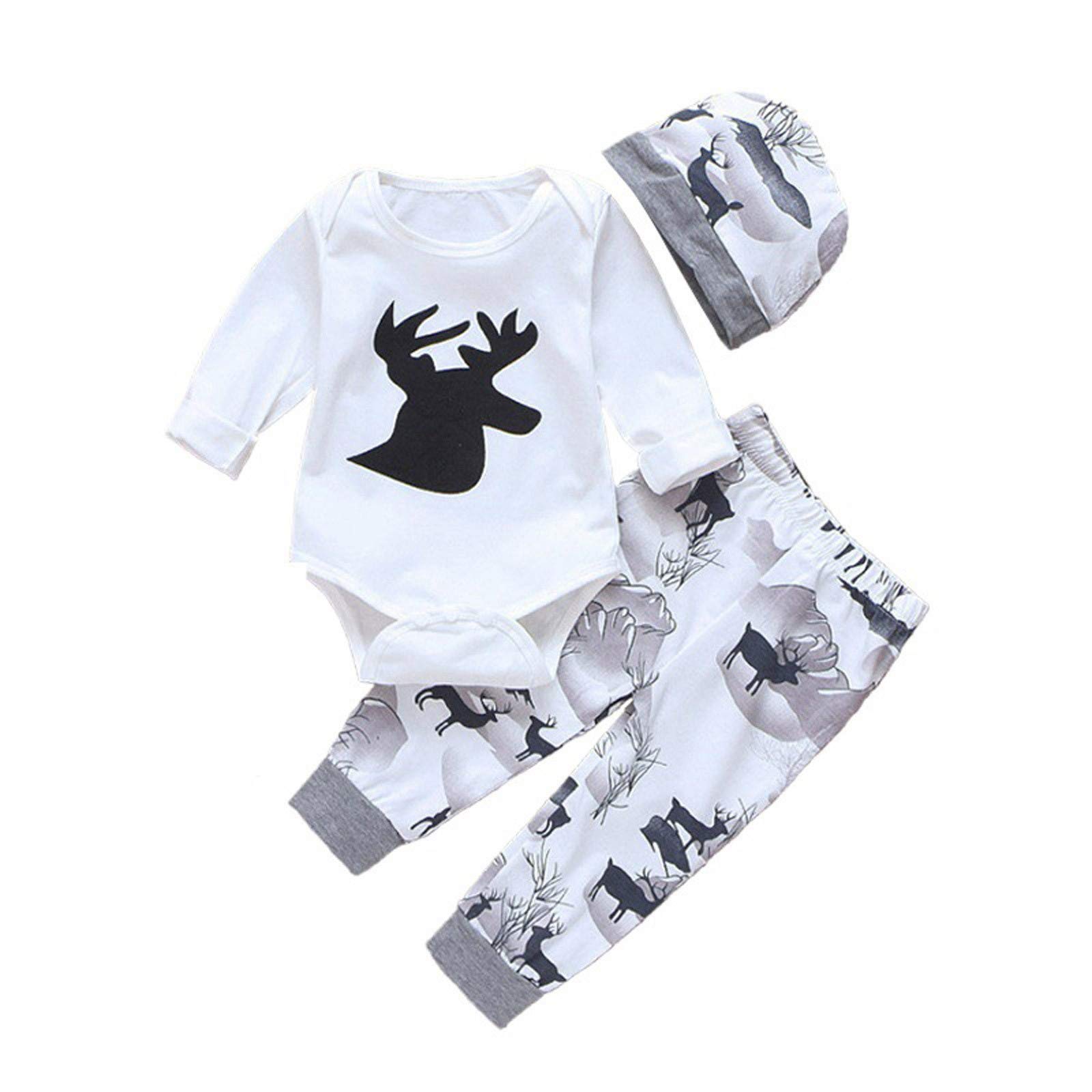 Digood Newborn Infant Baby Boys Girls Cartoon Deer Plant Print Romper+Pants+Hat Outfits,Fall Winter Outfits