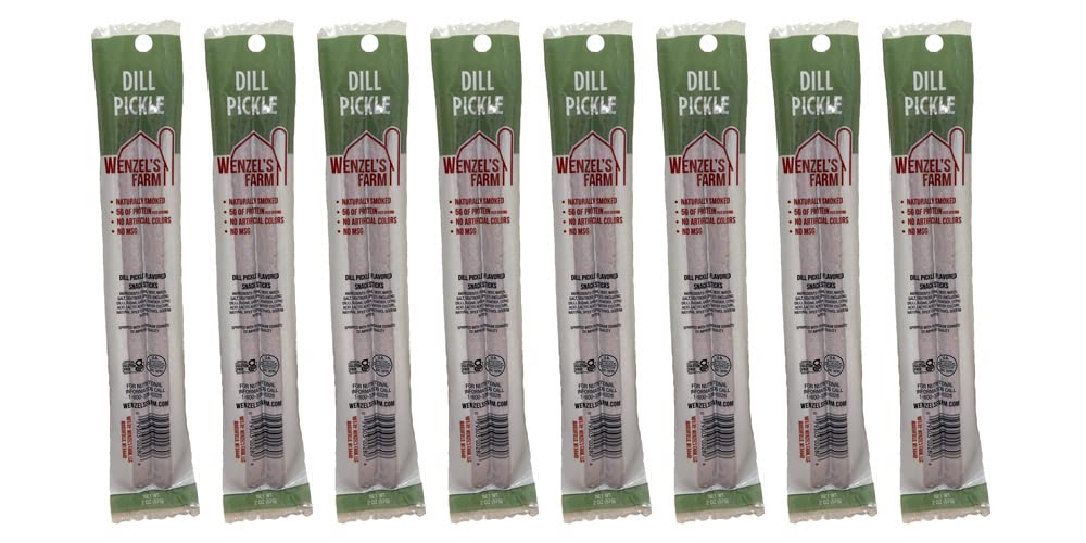 Wenzel’s Farm Dill Pickle Sticks │Snack Sticks │ Flavorful, Naturally Smoked │ High Protein, Low Carb │ No MSG, Fillers, Binders, Artificial Colors │ Gluten Free | 16 sticks (8 packs of 2)