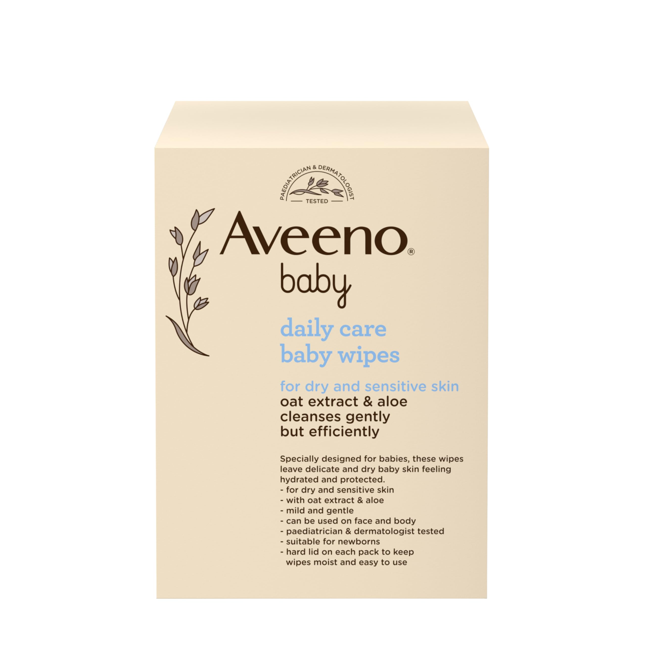 Aveeno BabyDaily Care Wipes Sensitive Skin Cleanse Gently And Efficiently Baby Essentials, White, Pack Of 12 (864 Wipes In Total)