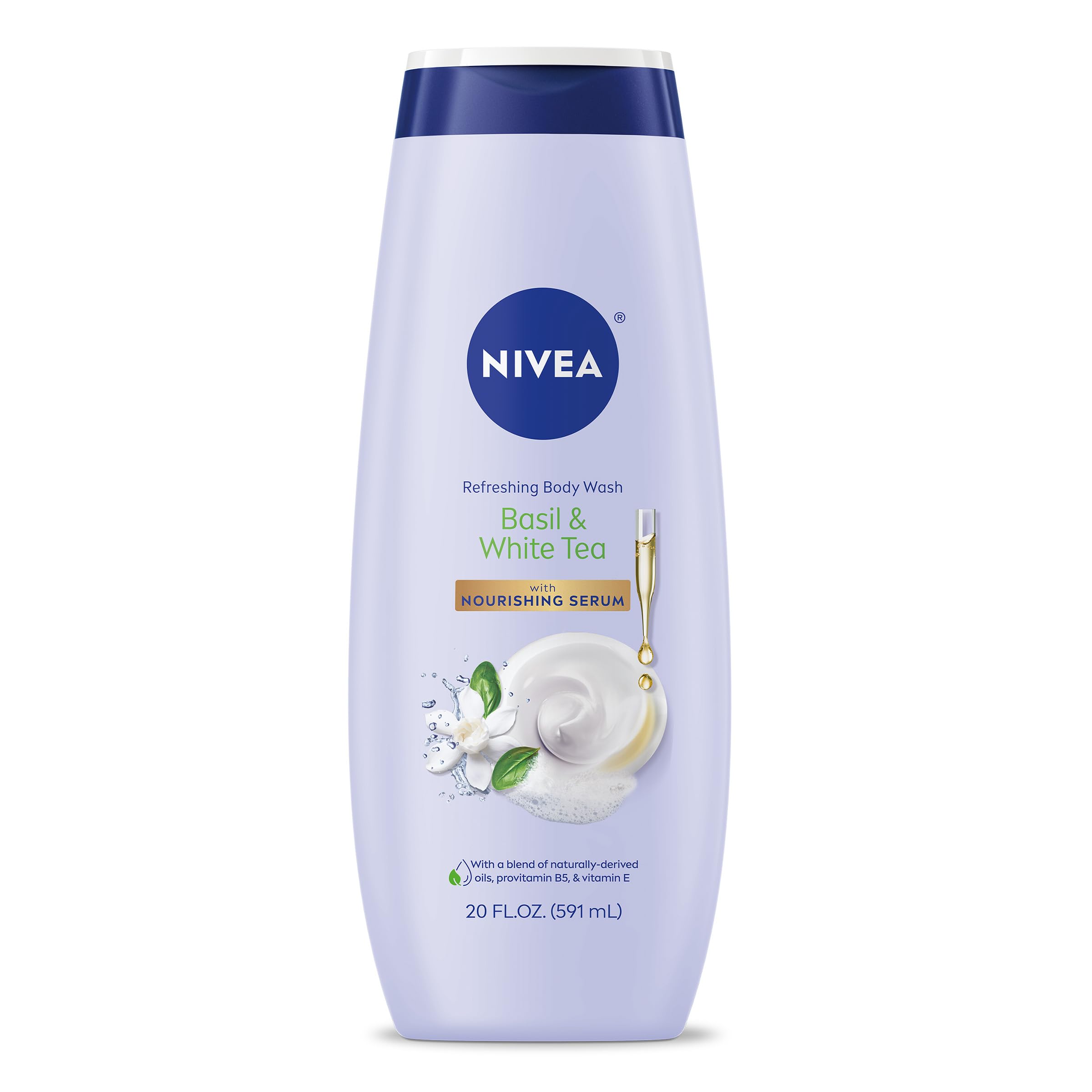 NIVEA Refreshing Basil and White Tea Refreshing Body Wash, Scented Body Wash with Nourishing Serum, Plant-Derived Oils, Essential Skin Lipids and Vitamins, 20 Fl Oz Bottle