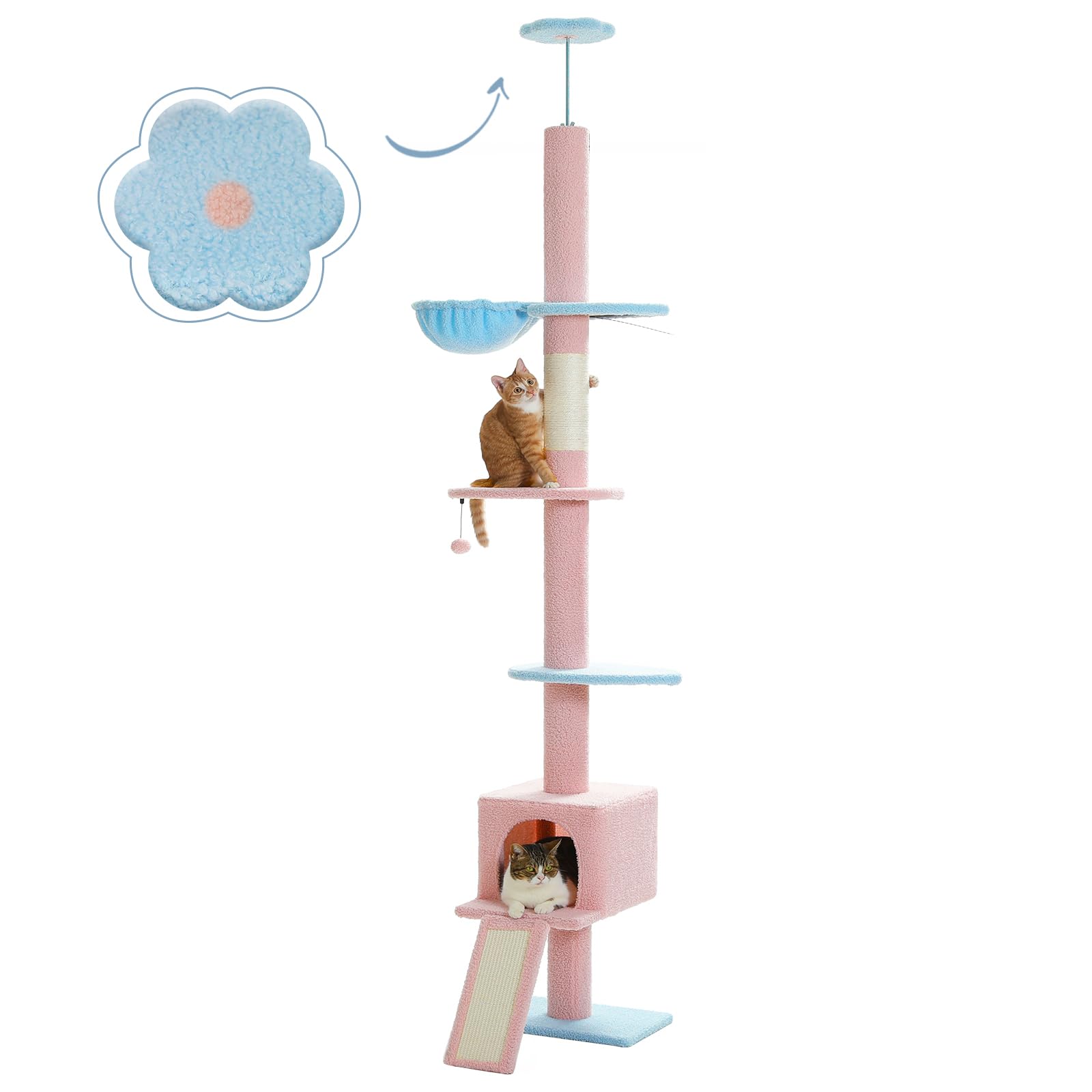 PETEPELAFloor to Ceiling Cat Tree, Cat Tower 5 Tiers Tall (83-108 Inches) Adjustable Height, Cat Climbing Tree Featuring with Cat Condo, Cat Scratching Post and Cat Perches for Indoor Cats, Blue