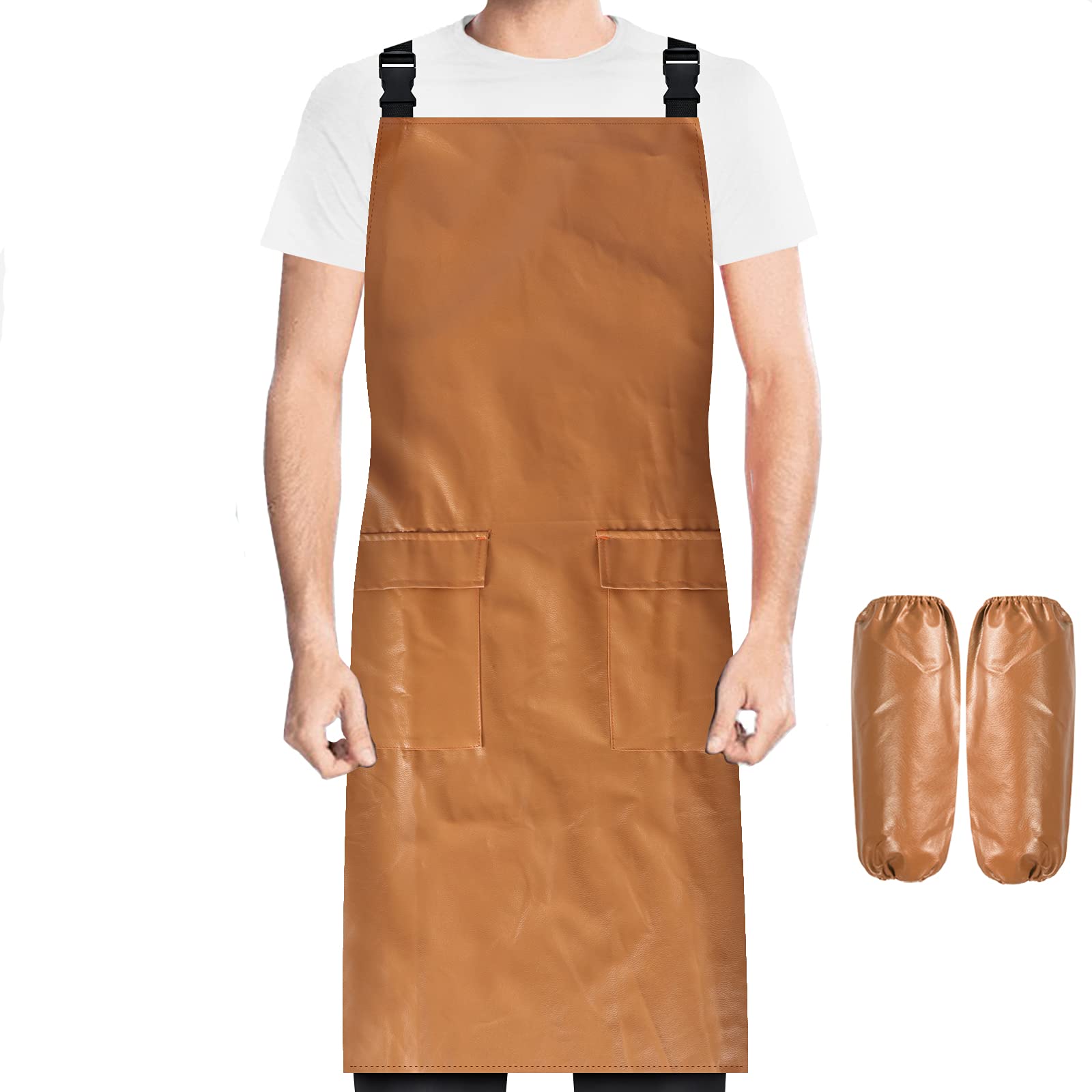 Anyoo Lightweight Cooking Apron with 2 Sleeves & Pockets, Unisex Long Bib Apron with Adjustable Shoulder Strap for Home Kitchen, Restaurant, Coffee House