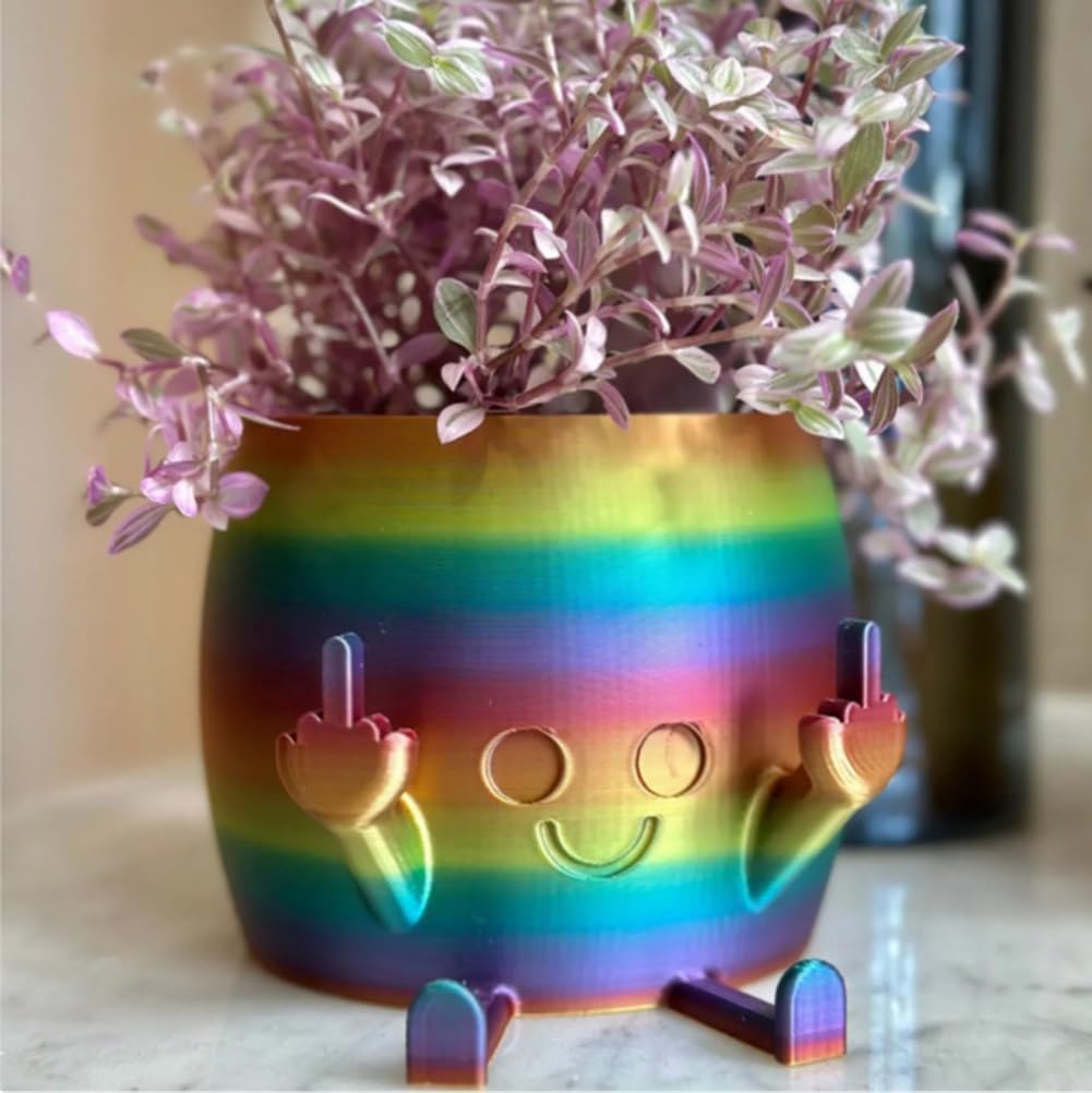 Smiling Plant Pot with Middle Fingers Up,Creative Resin Funny Expression Plant Pot，Funny Shaped Figure Planter,Unique Flower Pots for Succulents, Plant Lover Gifts Idea (Rainbow)