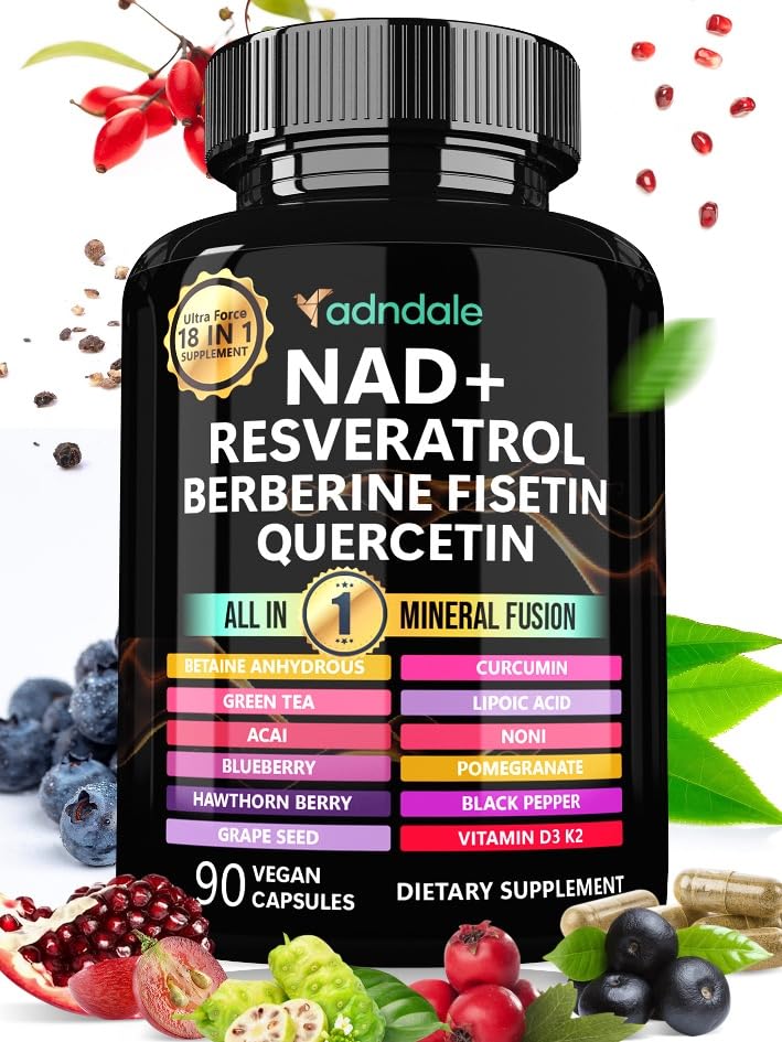 NAD Supplement 300mg & Resveratrol 1000mg Organic. Proprietary Longevity Formula with Liposomal NAD+, Trans Resveratrol, Quercetin, Betaine Anhydrous, Grape Seed, Fisetin. 90 Capsules, 9555mg/Serv.