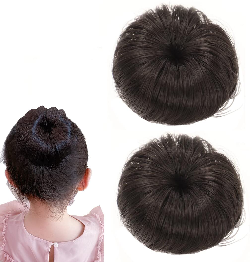 2PCS Synthetic Fiber Hair Bun with Alligator Clips Hair Extension Updo Donut Chignon Straight Synthetic Fake Ballet Messy Bun Short Ponytail Wig Hairpiece for Little Girls