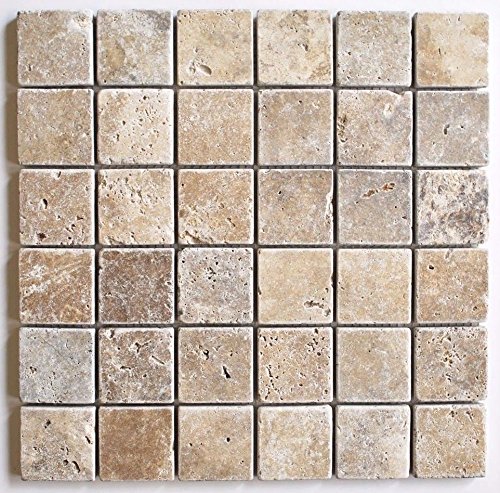 2x2 Walnut Tumbled Aged Travertine Mosaic Tile Wall and Floor