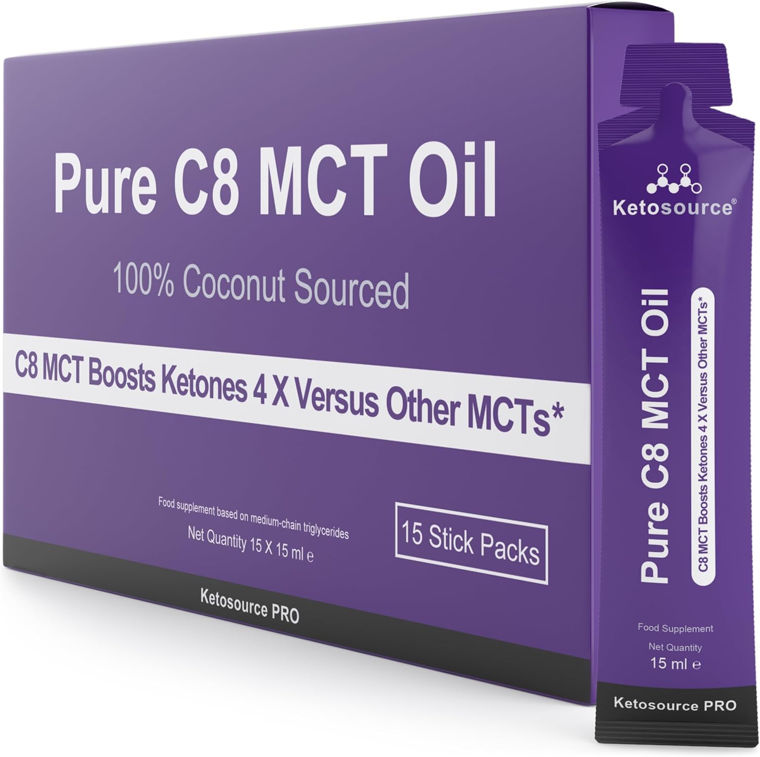 Pure C8 MCT Oil Packets - Boosts Ketones 4X Versus Other MCTs - Highest 99%+ Purity - 100% Coconut Sourced - Lab Tested Purity - Box of 15 X 15 ml MCT Oil Sachets - Ketosource