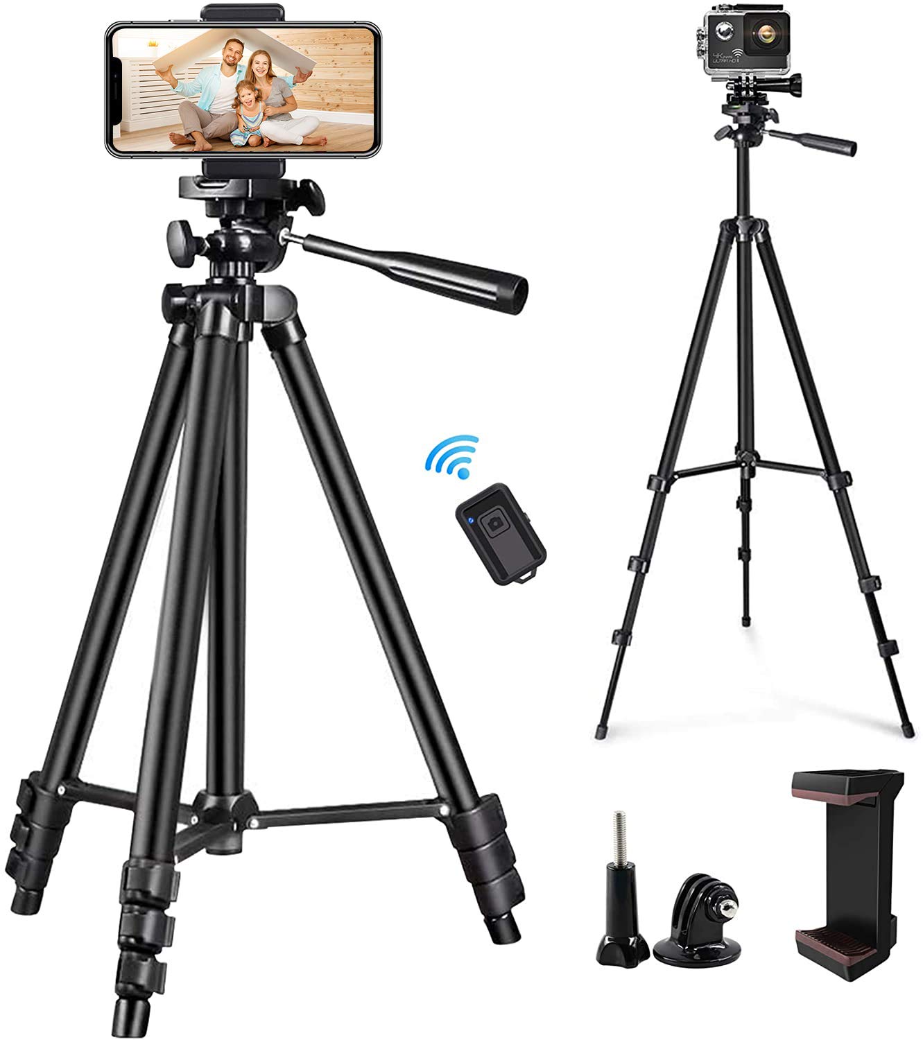 Phone Tripod, Everesta 127-cm (50-Inch) Extendable Camera Tripod Stand with Bluetooth Remote Shutter Lightweight Tripod Phone Mount Compatible with iPhone 12 Pro Max/12 mini/11/8