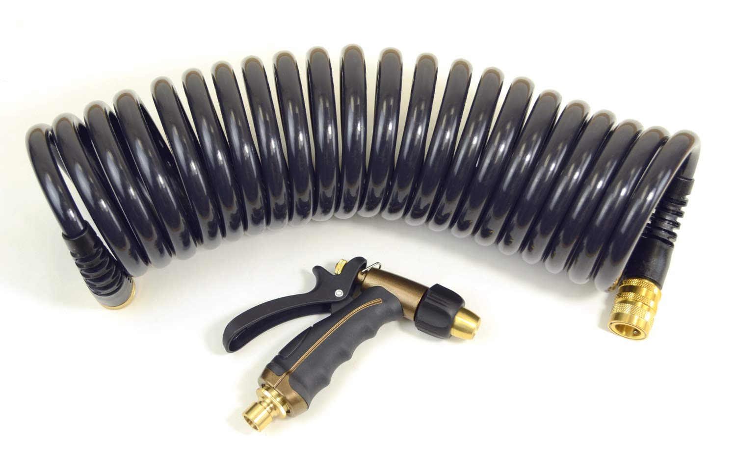 OLMSTED FORGEHose Kit, 2 pcs: 1/2" ID x 25' HP Quality Coiled Hose (Charcoal Gray) with 2 Flex Reliefs & Metal Body Nozzle