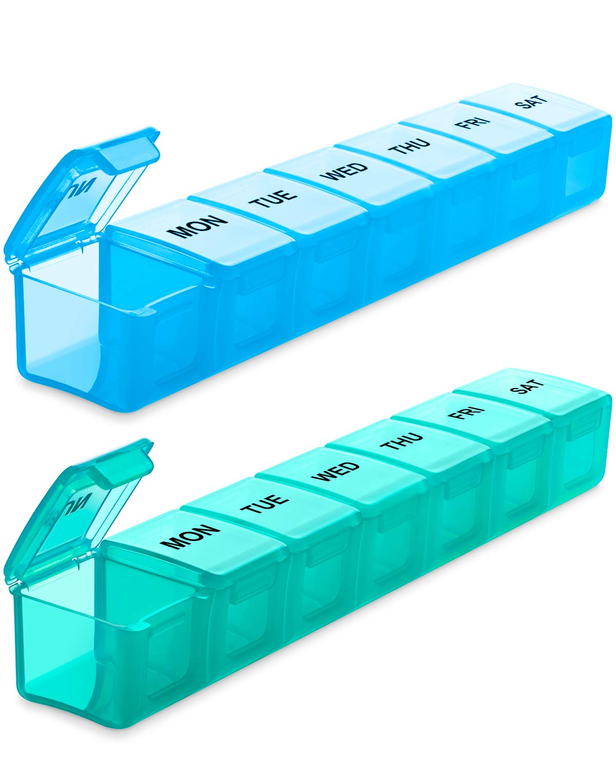 BUG HULL Pill Organizer Large 2 Pack, Extra Large Pill Organizer, Travel Pill Organizer, Weekly Pill Organizer, Large Pill Box, Pill Case, Medicine Organizer(Blue+Green)