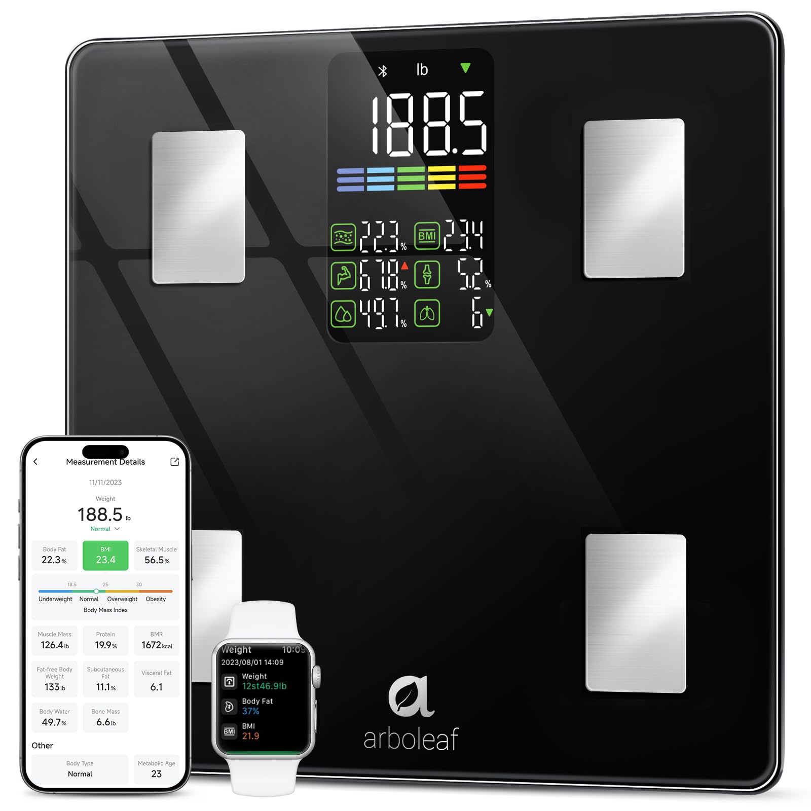 Arboleaf Scale for Body Weight, Smart Weight Scale with BMI, Body Fat, Muscle Mass, Digital Bathroom Scale, Large LED Display, 14 Body Composition, High Accurate, 500lbs, 11.8", FSA HSA Eligible