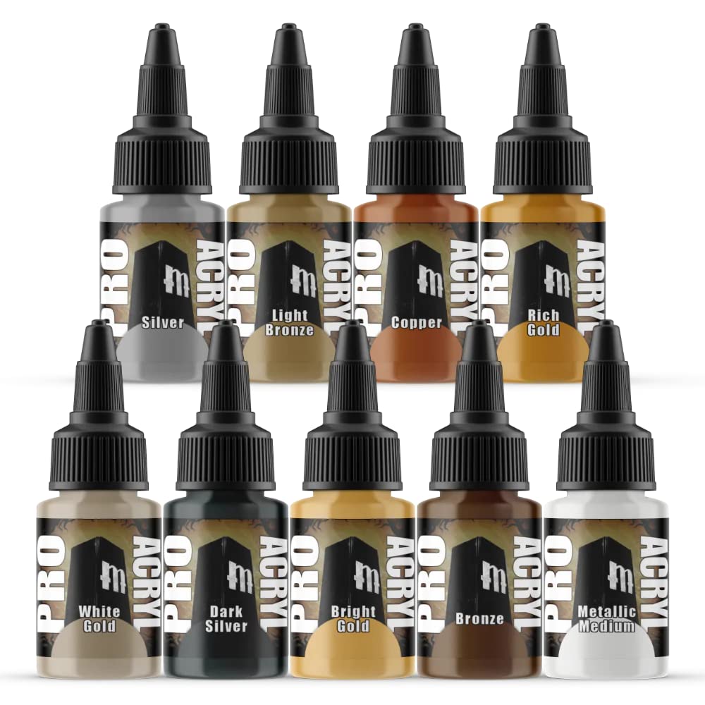 Monument Hobbies Pro Acryl Metallic Set Acrylic Model Paints for Plastic Models - Miniature Painting, no-clog cap, comes loaded with glass agitator