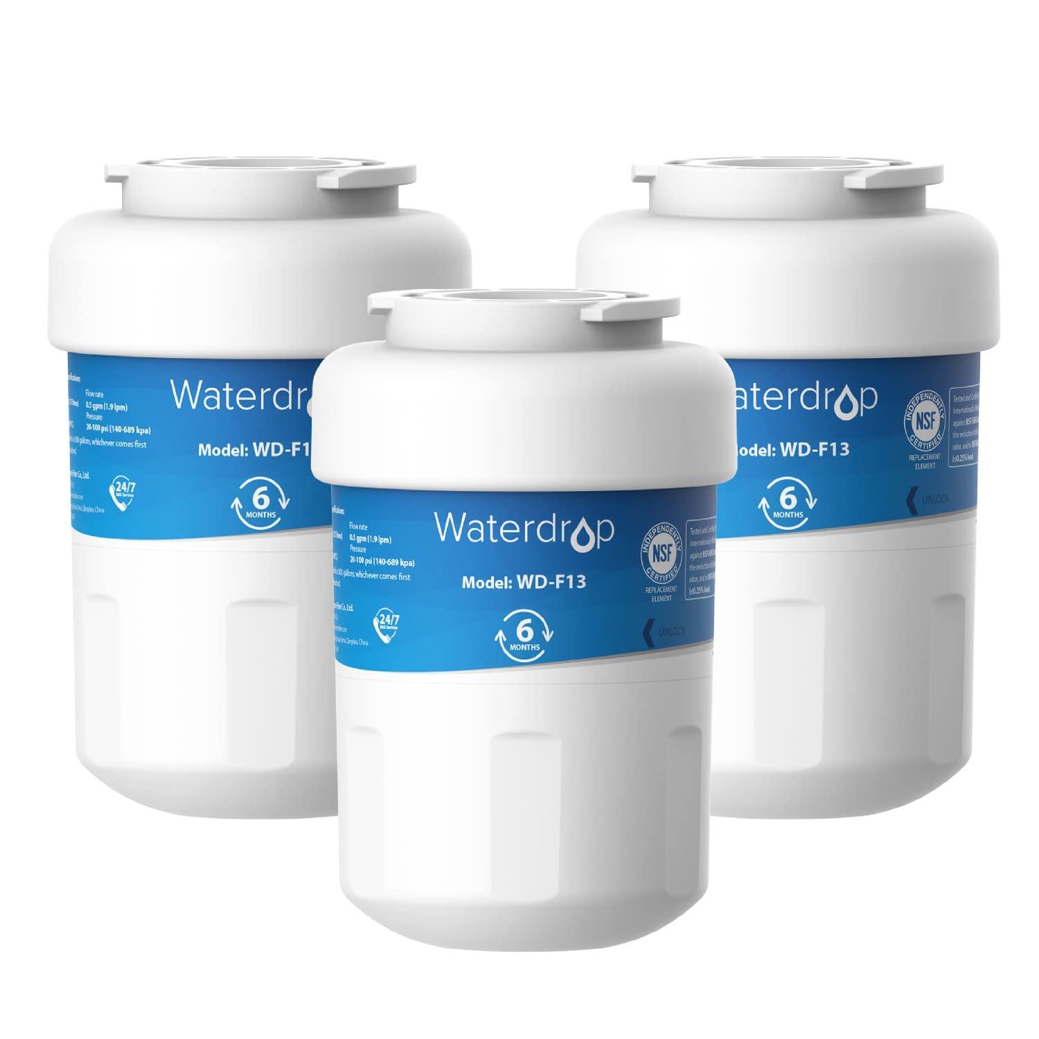 Waterdrop WD-F13 Replacement for GE® MWF®, SmartWater® MWFP, MWFINT, MWFA, GWF, HDX FMG-1, Kenmore® 9991, GSE25GSHECSS, WFC1201 Water Filter, 3 Pack