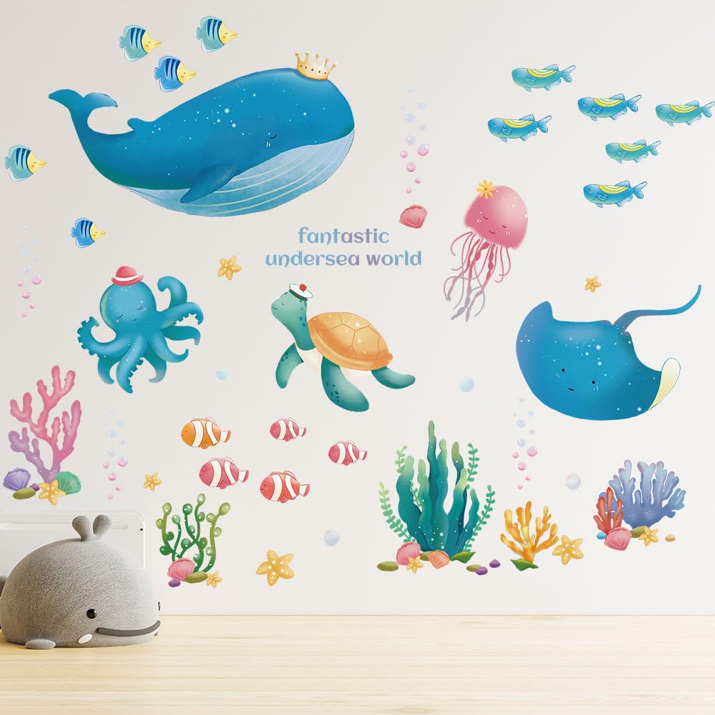 Ocean World wall sticker self-adhesive, decorative for children's rooms, kindergartens, glass stickers, waterproof, suitable for baby bedrooms, living rooms, bathrooms (Turtles and octopuses)