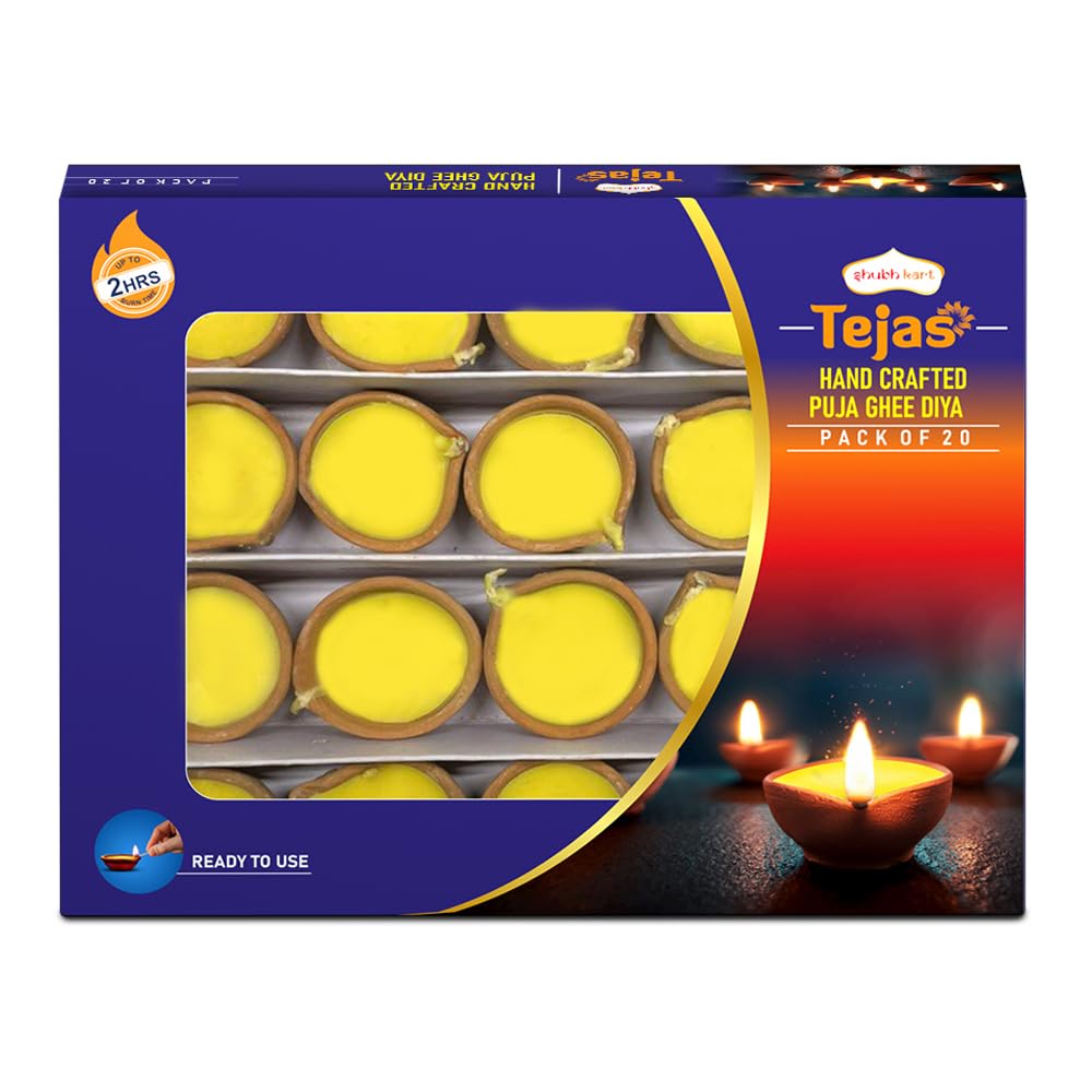 Shubhkart Tejas Handcrafted Puja Ghee T-Light Candles | Non Toxic Smokeless & Wax Free Mitti Diya Perfect for Puja, Diwali, Prayers, Rituals | No Residue Long Lasting | 2 Hours Burn Time (Set of 20)