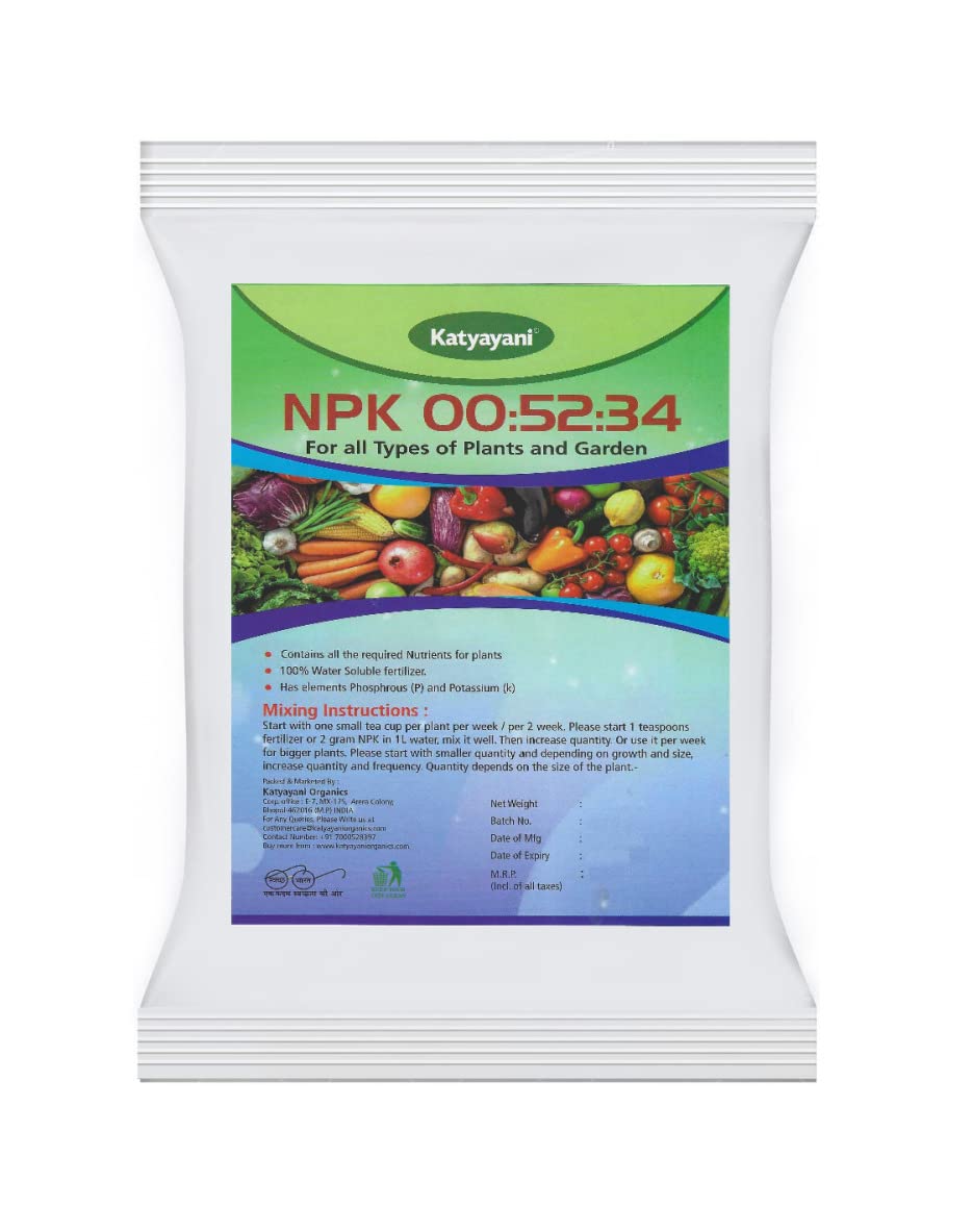 Katyayani NPK 00 52 34 Water Soluble Fertilizer for Home Garden| Enhance Nutrients (Size, Weight, Color), Boost Growth, Encourages Blooming & Root Development of Indoor and outdoor plants (940gx1)