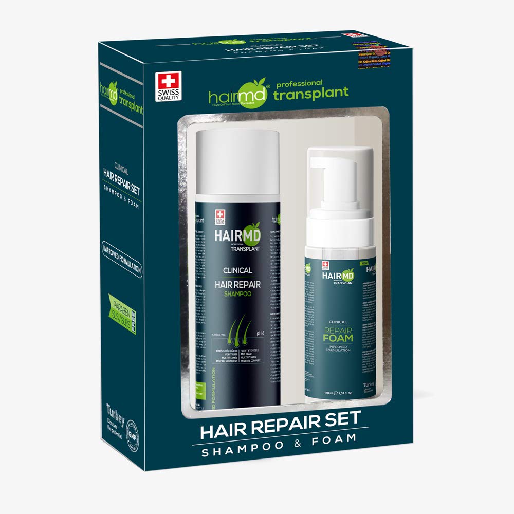 HairMD Transplant Hair Repair Set - Hair Regrowth Set with 250 ml Regenerating Shampoo and 150 ml Repair Foam - Rich in Biotin, Keratin, Saw Palmetto - Suitable for All Hair Types